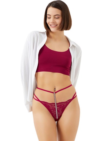 COTTONHILL Cherry Lace Stone Detailed Adjustable Elastic Women's Thong Panties  - Image 1