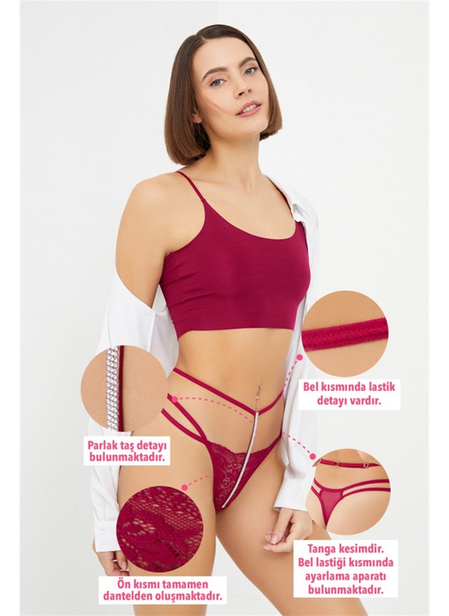 COTTONHILL Cherry Lace Stone Detailed Adjustable Elastic Women's Thong Panties  - Image 2