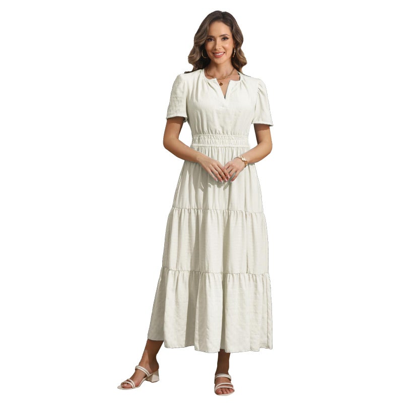 Rainday Womens Casual Maxi Dresses Fashion Holiday Short Sleeved Elastic Waist Beach Boho Dress with Pockets(Z3918WH,2XL) - Image 2