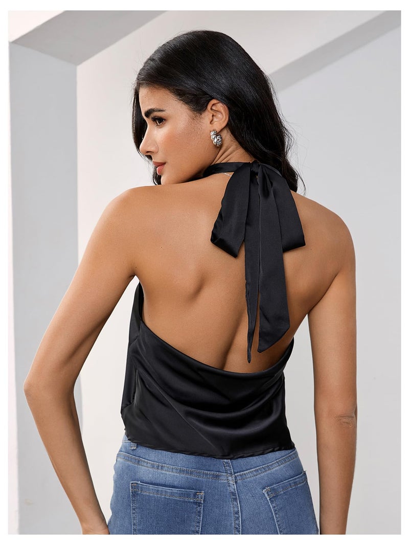 MakeMeChic Women's Satin Silk Backless Halter Tops High Neck Sleeveless Camisole Summer Classy Going Out Top Black X-Small - Image 2