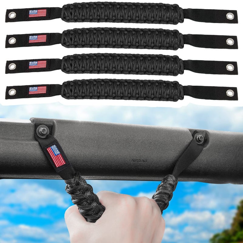 Ecowlboy Roll Bar Grab Handles Paracord Grip Handle for Ford Bronco 2021 2022 2023 2024 2Door 4Door Interior Accessories Premium Paracord US Flag Black 4 Pack