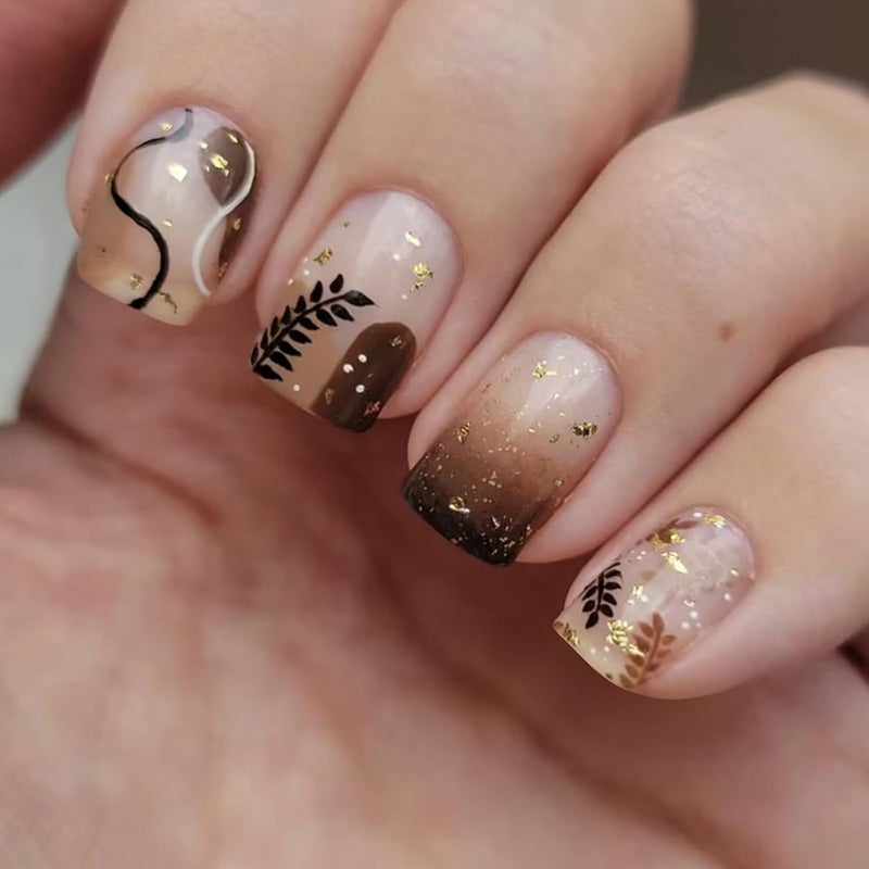 WULIUFLY Multi item matching Fall Press on Nails Short Square Fake Nails Brown Glue on Nails Thanksgiving False Nails Full Cover Autumn Leaves Acrylic Nails Glitter Design Short Nails Press ons Artificial Nails Kit 24Pcs Durable versatile substance - Image 1