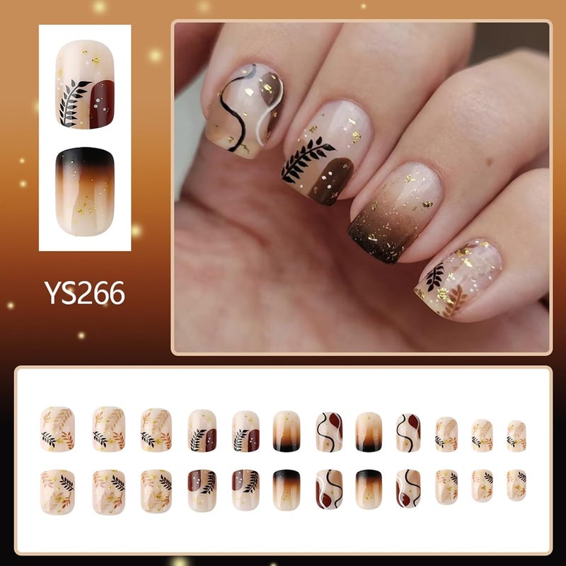 WULIUFLY Multi item matching Fall Press on Nails Short Square Fake Nails Brown Glue on Nails Thanksgiving False Nails Full Cover Autumn Leaves Acrylic Nails Glitter Design Short Nails Press ons Artificial Nails Kit 24Pcs Durable versatile substance - Image 2