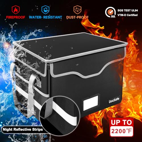 DocSafe Fireproof Document Box with Lock, File Storage Organizer with Mesh Pockets, Collapsible Portable File Box Home Office Safe Filing Cabinet with Handle for Hanging Letter/Legal Folder, Black - Image 3
