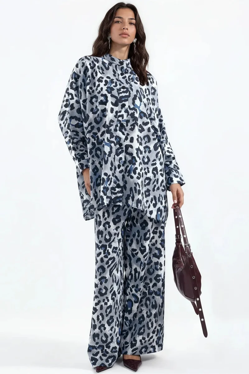 جينيفر Leopard Print Belted Tunic And Wide-Leg Pants Set