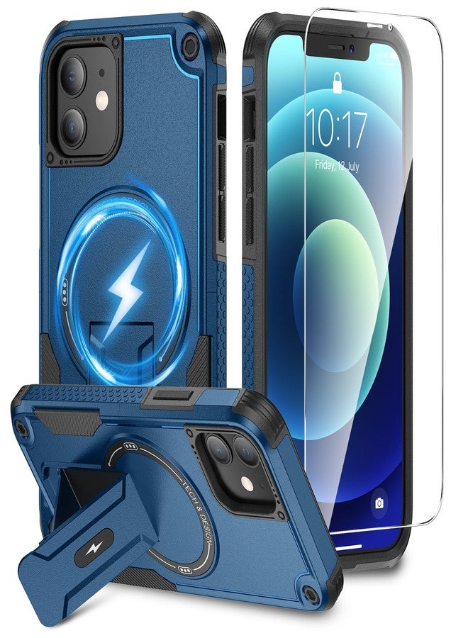 Caka جراب Caka لهاتف iPhone 12، جراب iPhone 12 Pro [واقي شاشة عالي الدقة] [متوافق مع MagSafe] [حامل مخفي]، جراب حماية مغناطيسي لهاتف iPhone 12 و iPhone 12 Pro - 6.1 بوصة (أزرق داكن) - Image 1