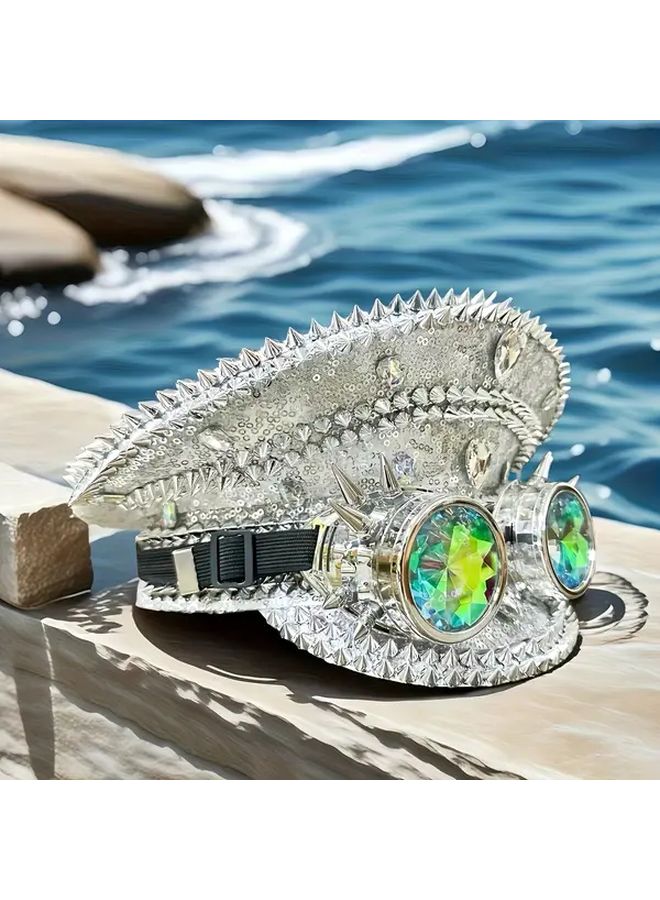 Steampunk Captain Hat with Goggles Silvery Military Party Cosplay Festival Headwear - Image 1