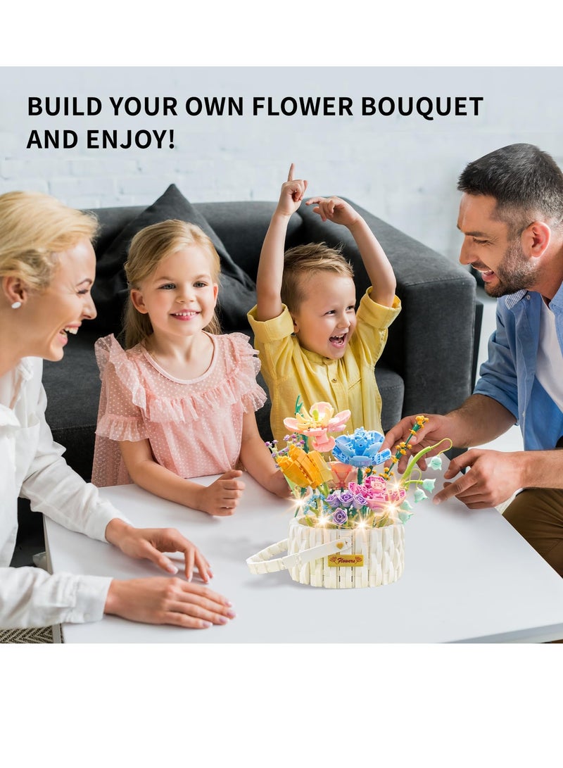 Excefore Flowers Bouquet Building Kit, Flower Basket Building Blocks with Led String Lights, 1376 PCS Artificial Flowers Building Toys, Artificial Flowers Building Toys, Set for 6+ Kids, Gift for Families - Image 4