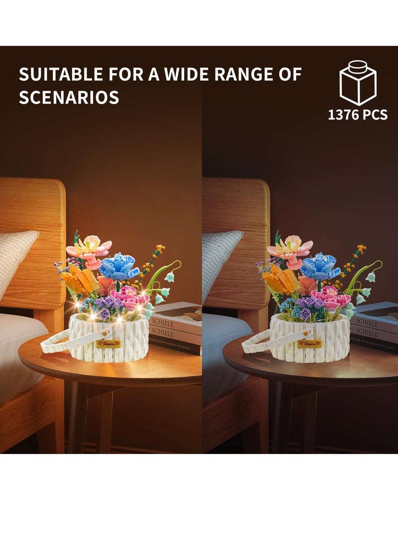 Excefore Flowers Bouquet Building Kit, Flower Basket Building Blocks with Led String Lights, 1376 PCS Artificial Flowers Building Toys, Artificial Flowers Building Toys, Set for 6+ Kids, Gift for Families - Image 3