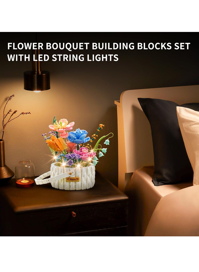 Excefore Flowers Bouquet Building Kit, Flower Basket Building Blocks with Led String Lights, 1376 PCS Artificial Flowers Building Toys, Artificial Flowers Building Toys, Set for 6+ Kids, Gift for Families - Image 2