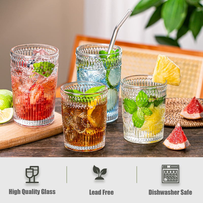wookgreat Vintage Drinking Glasses Set of 12, Textured Clear Striped Glass Cups-6 Highball Glasses 13oz & 6 Rocks Glasses 10oz, Ribbed Glassware Set, Mojito Cups, Cocktail Glass, Iced Coffee Cup - Image 5