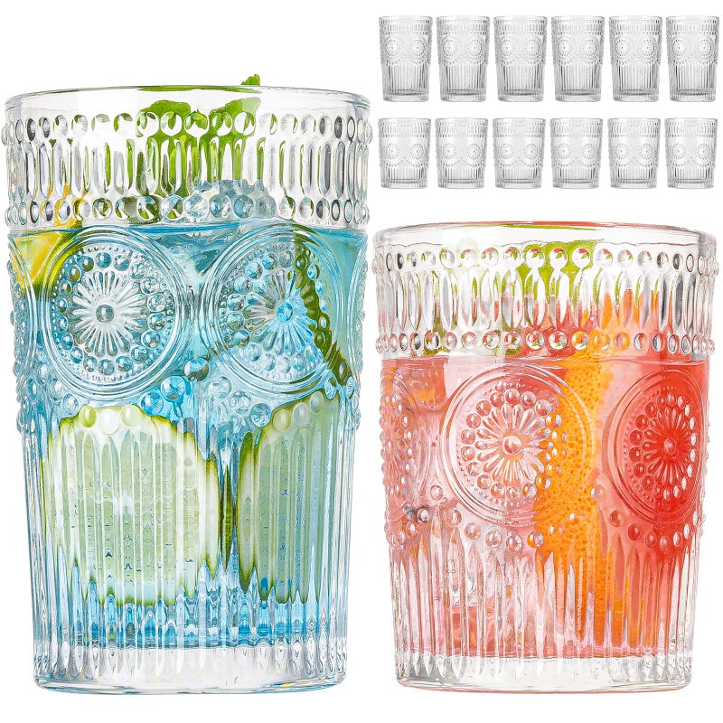 wookgreat Vintage Drinking Glasses Set of 12, Textured Clear Striped Glass Cups-6 Highball Glasses 13oz & 6 Rocks Glasses 10oz, Ribbed Glassware Set, Mojito Cups, Cocktail Glass, Iced Coffee Cup - Image 1