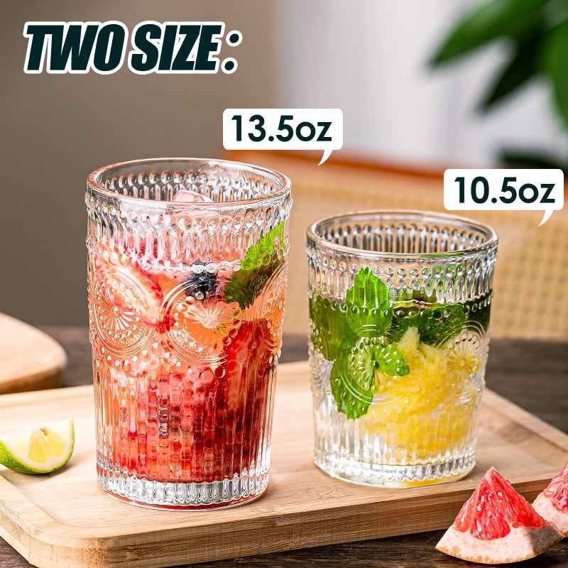 wookgreat Vintage Drinking Glasses Set of 12, Textured Clear Striped Glass Cups-6 Highball Glasses 13oz & 6 Rocks Glasses 10oz, Ribbed Glassware Set, Mojito Cups, Cocktail Glass, Iced Coffee Cup - Image 2
