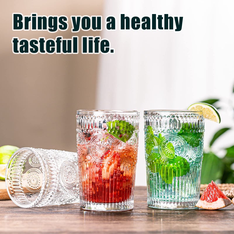 wookgreat Vintage Drinking Glasses Set of 12, Textured Clear Striped Glass Cups-6 Highball Glasses 13oz & 6 Rocks Glasses 10oz, Ribbed Glassware Set, Mojito Cups, Cocktail Glass, Iced Coffee Cup - Image 4