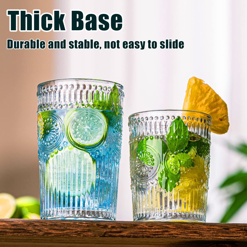 wookgreat Vintage Drinking Glasses Set of 12, Textured Clear Striped Glass Cups-6 Highball Glasses 13oz & 6 Rocks Glasses 10oz, Ribbed Glassware Set, Mojito Cups, Cocktail Glass, Iced Coffee Cup - Image 3