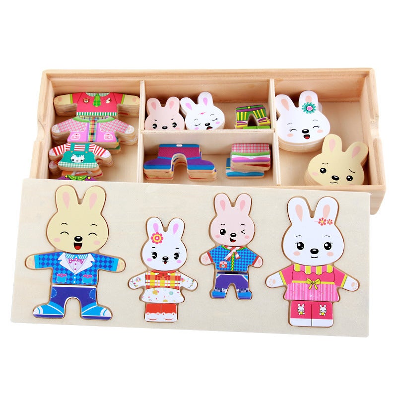 Four Little Rabbits Dress-Up Puzzle Wooden Cartoon Dress-Up Small Animal Puzzle Puzzle Puzzle Toy Children'S Wooden Toy - Image 3