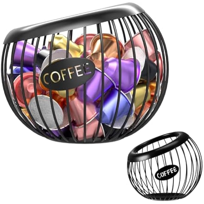 rayihni Coffee Pod Storage Basket Metal Coffee Pod Holder Organizer For Counter Capsule Holder Organiser RoundBlack - Image 1