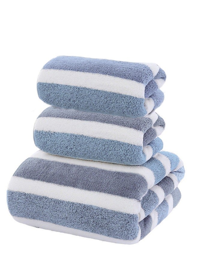 3pcs Soft Absorbent Wide Stripe Bath Towel, Non-Shedding Thickened Towel, Shower Towel Suitable For Bathroom, 1*70x140cm Bath Towel, 2*35x75cm Face Towel- Blue - Image 1