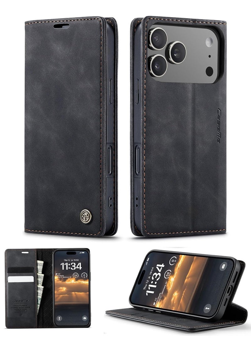 جراب محفظة جلد PU عتيق قابل للطي لهاتف iPhone 17 Pro مع حامل بطاقات، وإغلاق مغناطيسي، وغطاء مقاوم للصدمات بمسند - أسود - Image 1