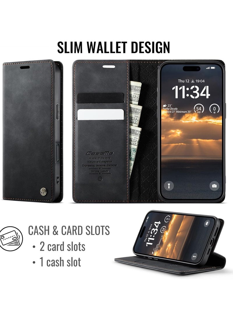 جراب محفظة جلد PU عتيق قابل للطي لهاتف iPhone 17 Pro مع حامل بطاقات، وإغلاق مغناطيسي، وغطاء مقاوم للصدمات بمسند - أسود - Image 2