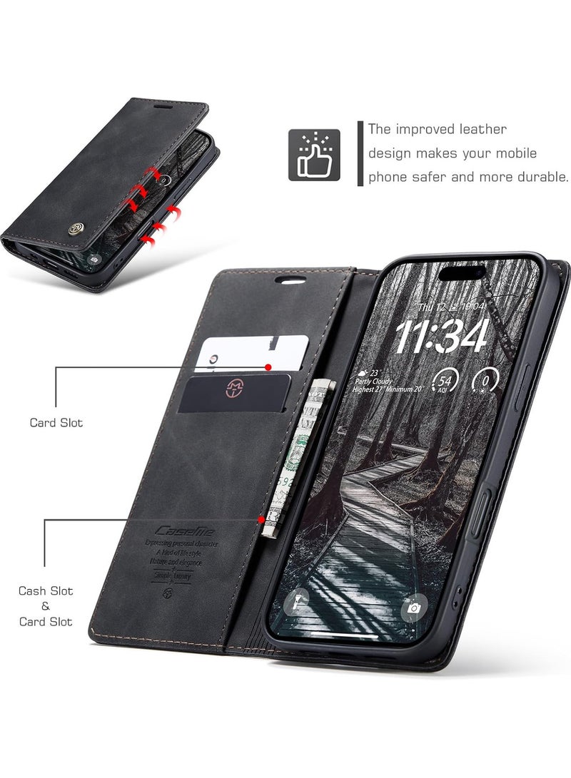 جراب محفظة جلد PU عتيق قابل للطي لهاتف iPhone 17 Pro مع حامل بطاقات، وإغلاق مغناطيسي، وغطاء مقاوم للصدمات بمسند - أسود - Image 3