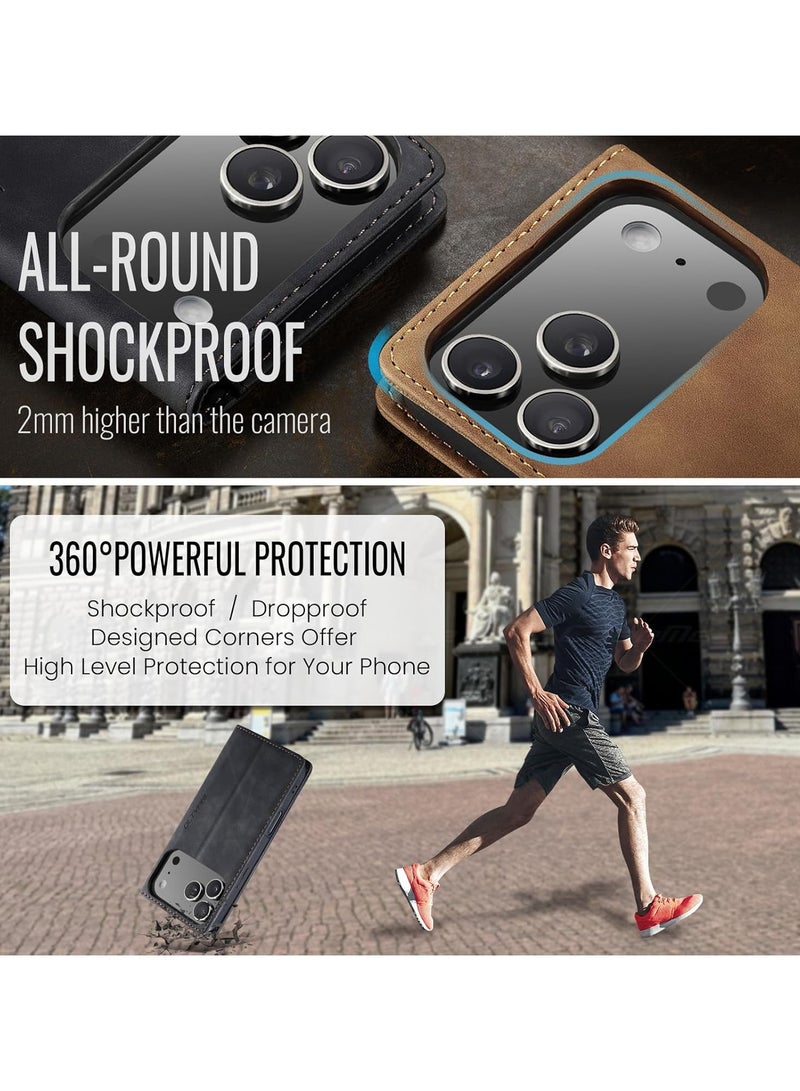 جراب محفظة جلد PU عتيق قابل للطي لهاتف iPhone 17 Pro مع حامل بطاقات، وإغلاق مغناطيسي، وغطاء مقاوم للصدمات بمسند - أسود - Image 4