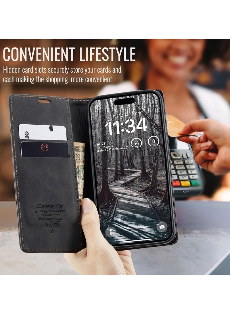 جراب محفظة جلد PU عتيق قابل للطي لهاتف iPhone 17 Pro مع حامل بطاقات، وإغلاق مغناطيسي، وغطاء مقاوم للصدمات بمسند - أسود - Image 5