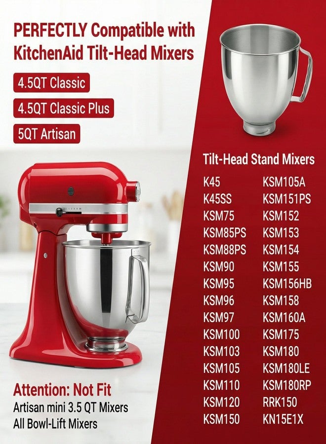 Replizo 5QT Stainless Steel Mixer Bowl Replacment, Compatible with KitchenAid Tilt-Head Stand Mixers, Artisan&Classic Series 4.5-5QT K45 KSM70 KSM150 - Image 3