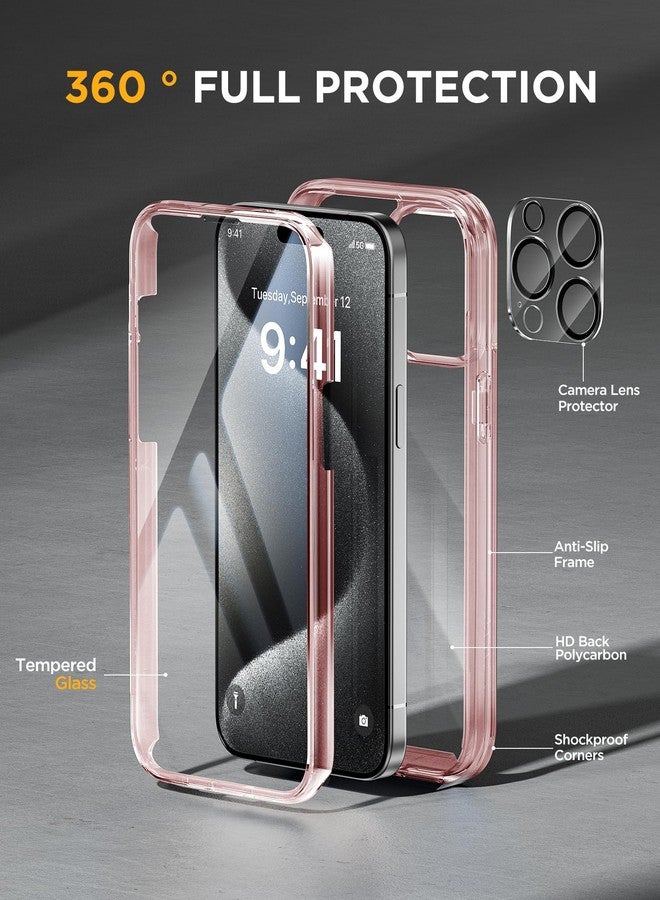 Miracase for iPhone 15 Pro Case Full-Body Clear Bumper Phone case with Built-in Glass Screen Protector& Camera Protector, Military Drop Proof 15 Pro Clear Case Cover 6.1 inch,Clear Pink - Image 2