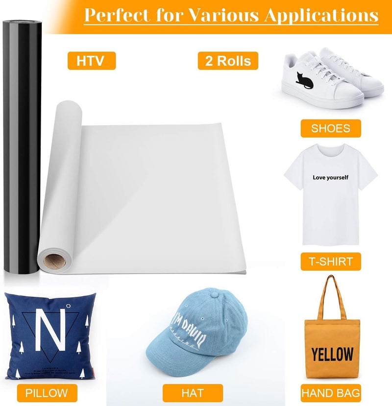 HOMSUN Heat Transfer Vinyl Rolls, 2 Rolls Black and White HTV Iron on Vinyl for Shirts, Compatible with Cricut, Cameo, Heat Press Machines, Sublimation - Image 2