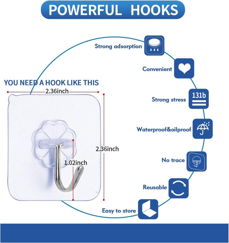 Premium Adhesive Hooks - Heavy Duty 13lb(Max) Wall Hooks, Transparent Reu... - Image 2