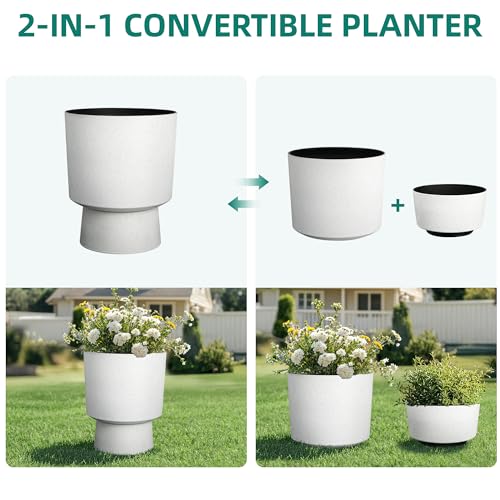 Ultym 16.75"H Urn-Style Tall Planters, 2-Pack Modern Large Flower Pots for Outdoor Indoor, 2-in-1 Design Plant Containers for Garden Patio Yard Balcony Porch or Home Decor, White Terrazzo, UV-Protect - Image 4