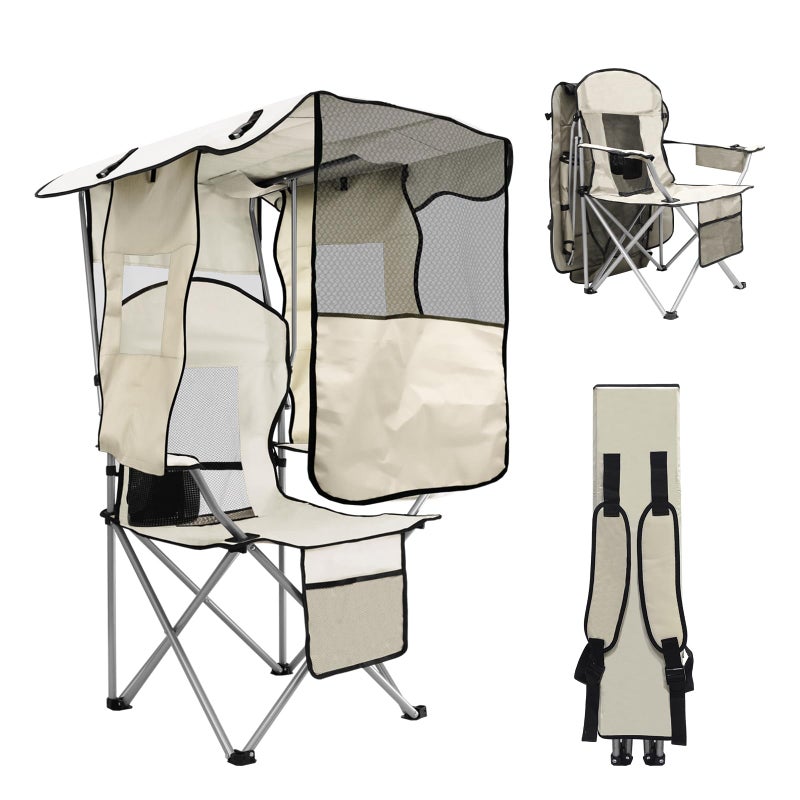 BDL Camping Chair with Canopy Shade Portable Folding Beach Chairs with Cooler, Mesh Backrest, Cup Holder, and Pocket for Camping, Fishing, Beach, and Sports,White - Image 1