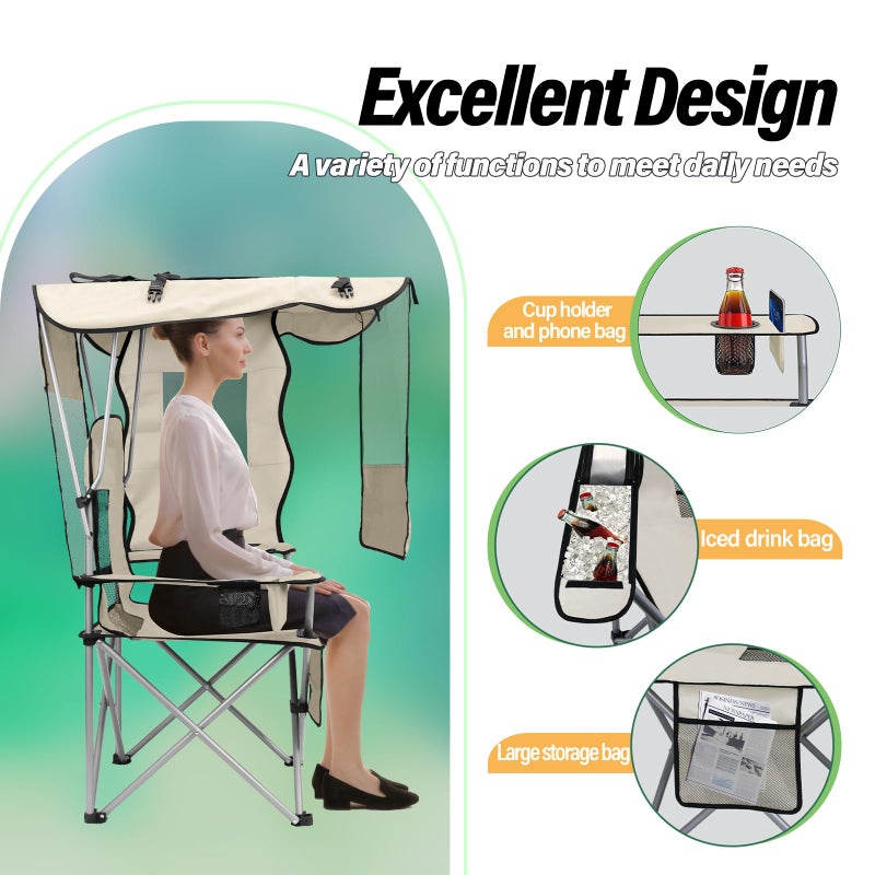 BDL Camping Chair with Canopy Shade Portable Folding Beach Chairs with Cooler, Mesh Backrest, Cup Holder, and Pocket for Camping, Fishing, Beach, and Sports,White - Image 3