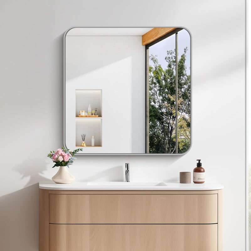 FORBATH 30x30 Inch Silver Bathroom Mirror for Over Sink, Large Square Wall Mirror with Metal Frame, Rounded Corners for Bathroom, Bedroom, Entryway Decor (Horizontal or Vertical) - Image 5