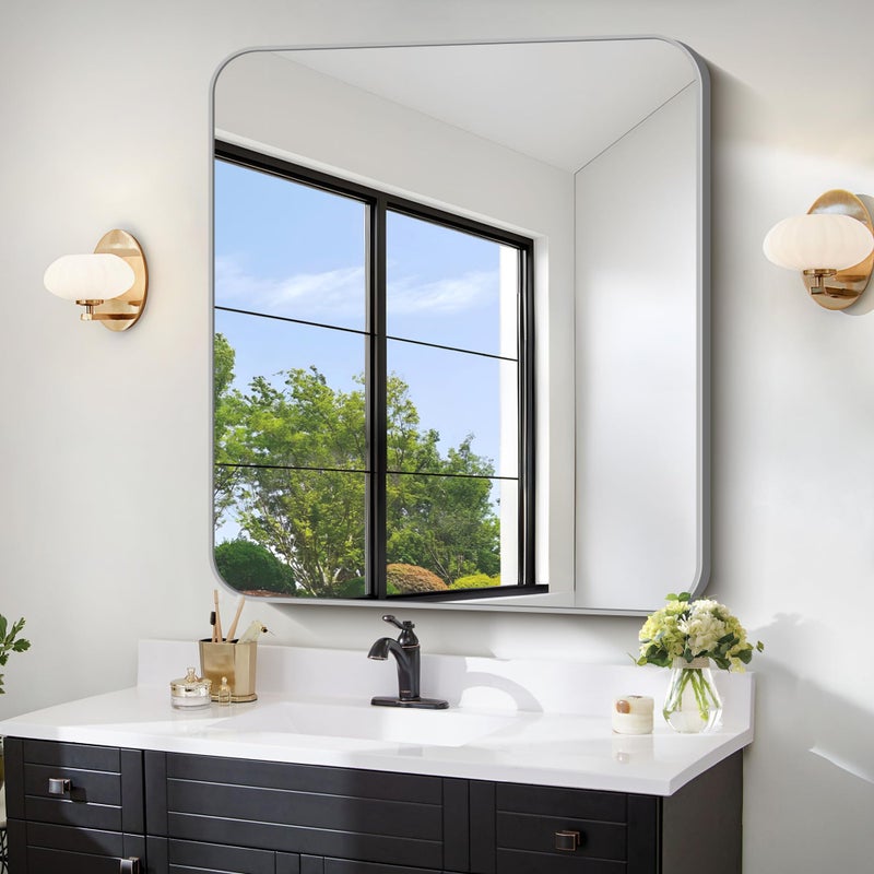 FORBATH 30x30 Inch Silver Bathroom Mirror for Over Sink, Large Square Wall Mirror with Metal Frame, Rounded Corners for Bathroom, Bedroom, Entryway Decor (Horizontal or Vertical) - Image 1