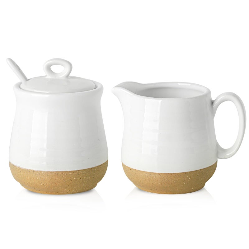 Hasense Hasense Ceramic Sugar and Creamer Set, 3 Piece Coffee Serving Set with Cream Pitcher, Sugar Bowl, Lid & Spoon, 10 Ounce Sugar and Creamer Set for Coffee Bar, Perfect for Wedding Gift (White)  - Image 1