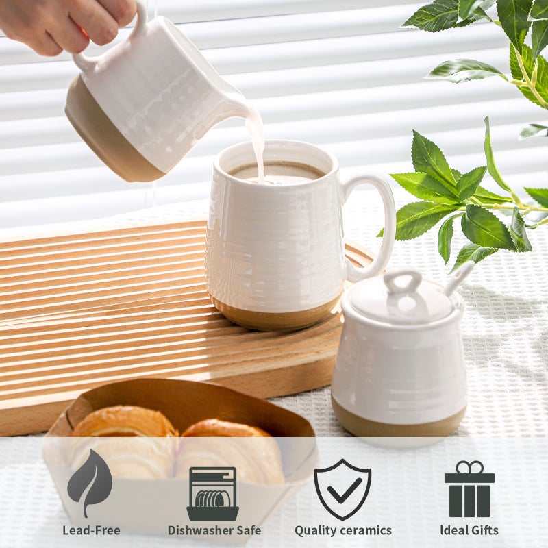 Hasense Hasense Ceramic Sugar and Creamer Set, 3 Piece Coffee Serving Set with Cream Pitcher, Sugar Bowl, Lid & Spoon, 10 Ounce Sugar and Creamer Set for Coffee Bar, Perfect for Wedding Gift (White)  - Image 4