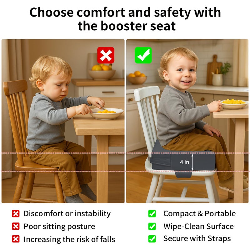 AAAini Booster Seat for Kitchen Chair (PU Material),Toddler Booster Seats for Dining Table Portable for Travel Camping Eating Double Safe Straps Non-Slip Bottom (Rock Grey) - Image 4