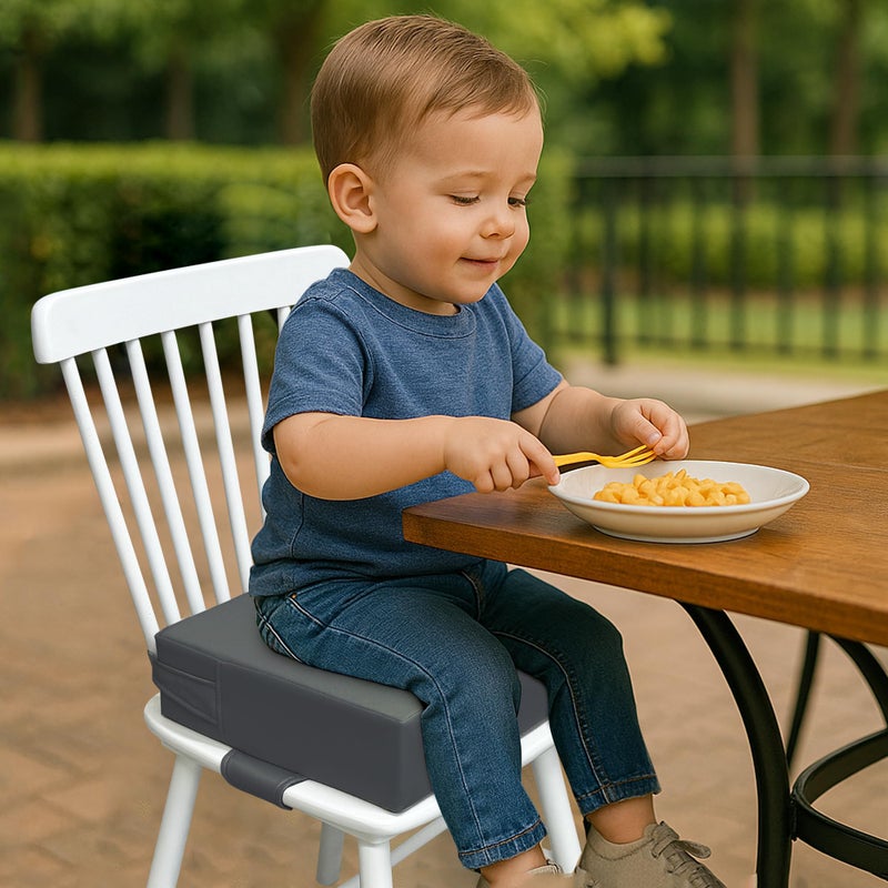 AAAini Booster Seat for Kitchen Chair (PU Material),Toddler Booster Seats for Dining Table Portable for Travel Camping Eating Double Safe Straps Non-Slip Bottom (Rock Grey) - Image 3