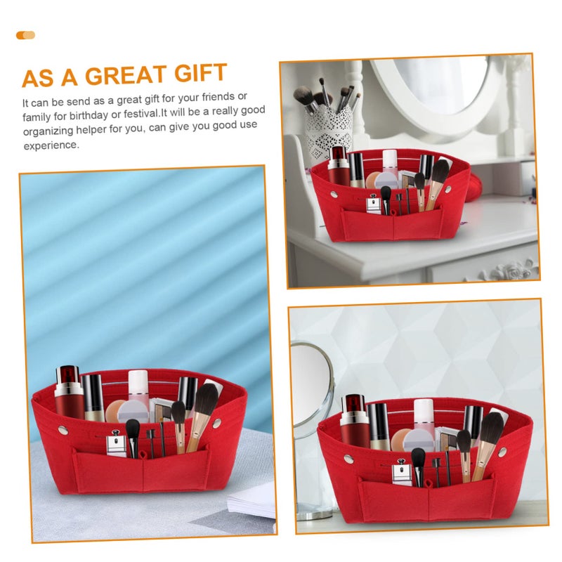 Red Large Capacity Felt Liner Bag Multi Pocket Organizer for Cosmetics and Makeup - Image 3
