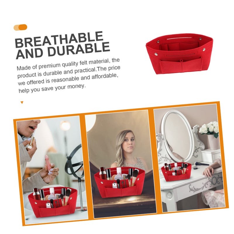 Red Large Capacity Felt Liner Bag Multi Pocket Organizer for Cosmetics and Makeup - Image 5