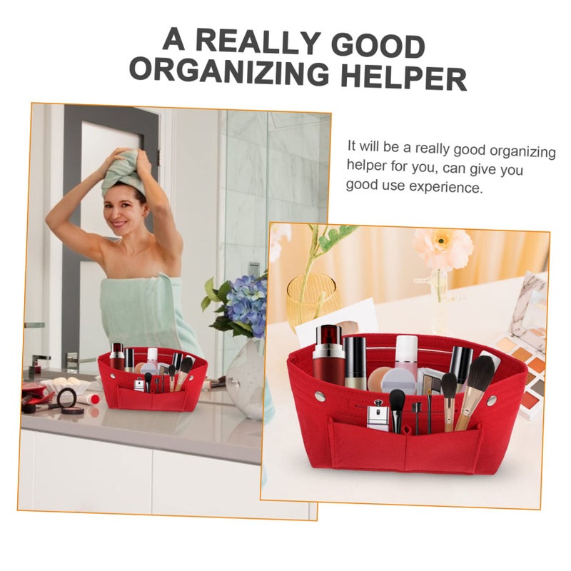 Red Large Capacity Felt Liner Bag Multi Pocket Organizer for Cosmetics and Makeup - Image 4