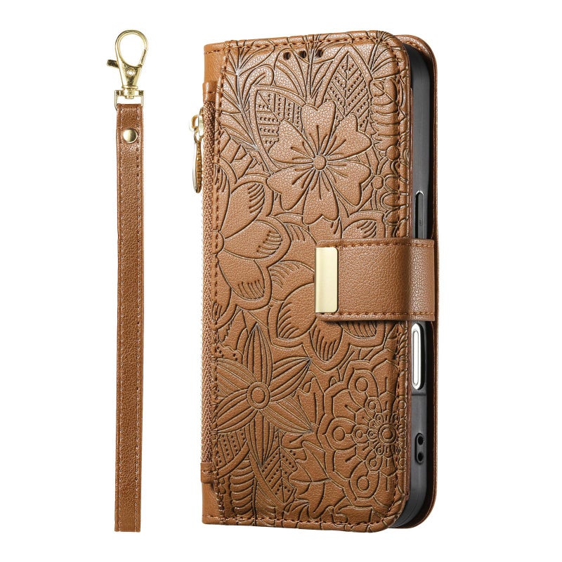 erorex For Motorola Moto G85 Flowers Leaves Zipper Wallet Leather Phone Case with Strap(Brown) - Image 2