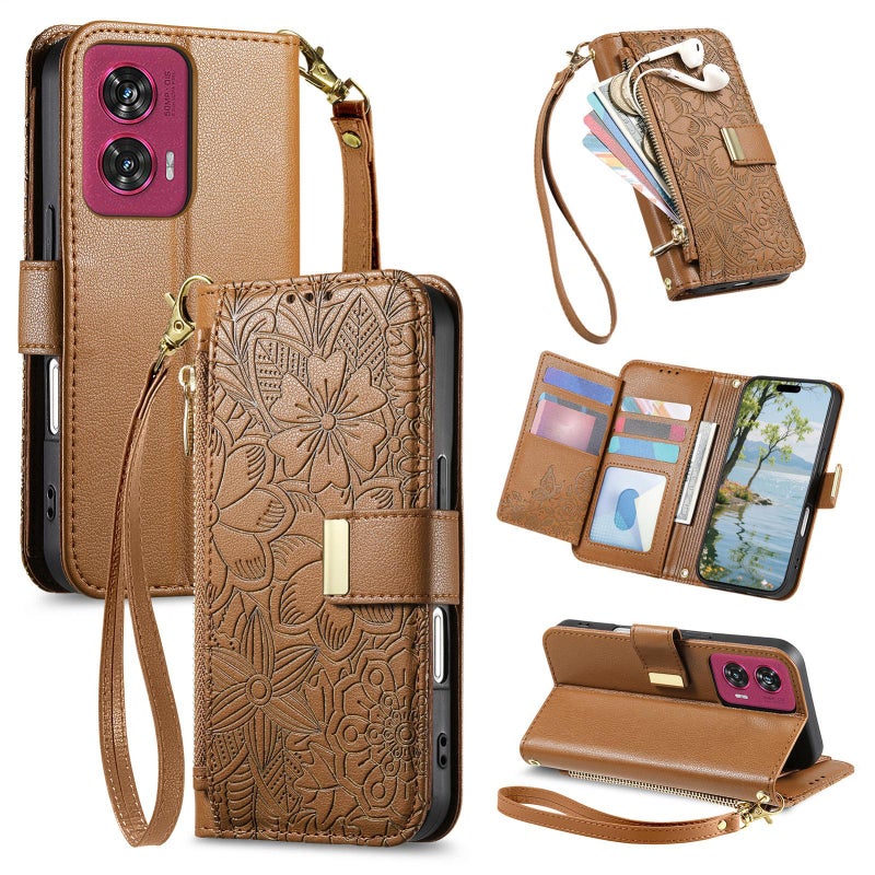 erorex For Motorola Moto G85 Flowers Leaves Zipper Wallet Leather Phone Case with Strap(Brown) - Image 1