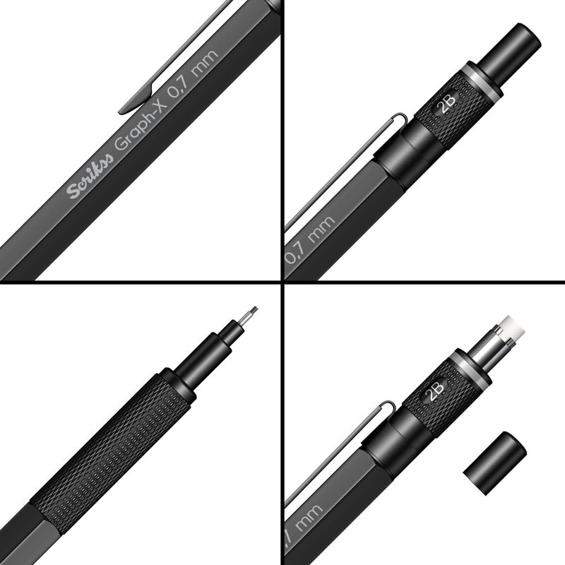 Scrikss 07mm Mechanical Clutch Lead Pen Pencil Matt Black Brass Body Push Mechanism GraphX Series Eraser Included - Image 3