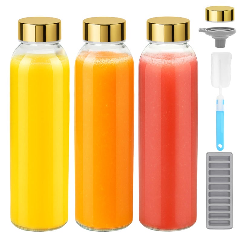 Zukro Glass Water Bottles with Gold Lids 18 oz, Reusable Clear Glass Juice Bottles Stainless Steel Airtight Cap for Juicing, 100% Leak Proof Juice Drinking Jar for Refrigerator, BPA Free, Set of 3 - Image 1