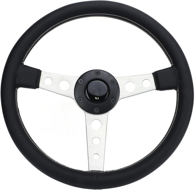 14 Inch Racing Steering Wheel, Black Leather with White Stitching and Silver Aluminum Alloy Frame, Universal for Car Vehicle - Image 4