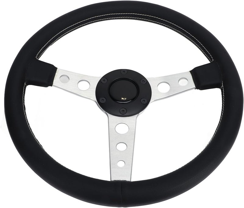 14 Inch Racing Steering Wheel, Black Leather with White Stitching and Silver Aluminum Alloy Frame, Universal for Car Vehicle - Image 3