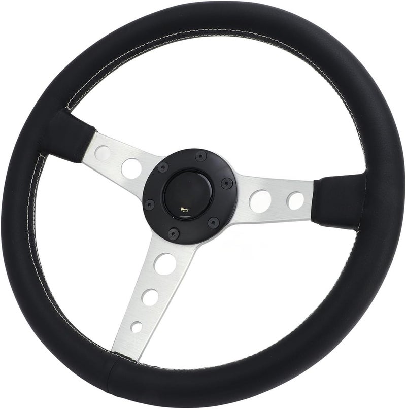 14 Inch Racing Steering Wheel, Black Leather with White Stitching and Silver Aluminum Alloy Frame, Universal for Car Vehicle - Image 1